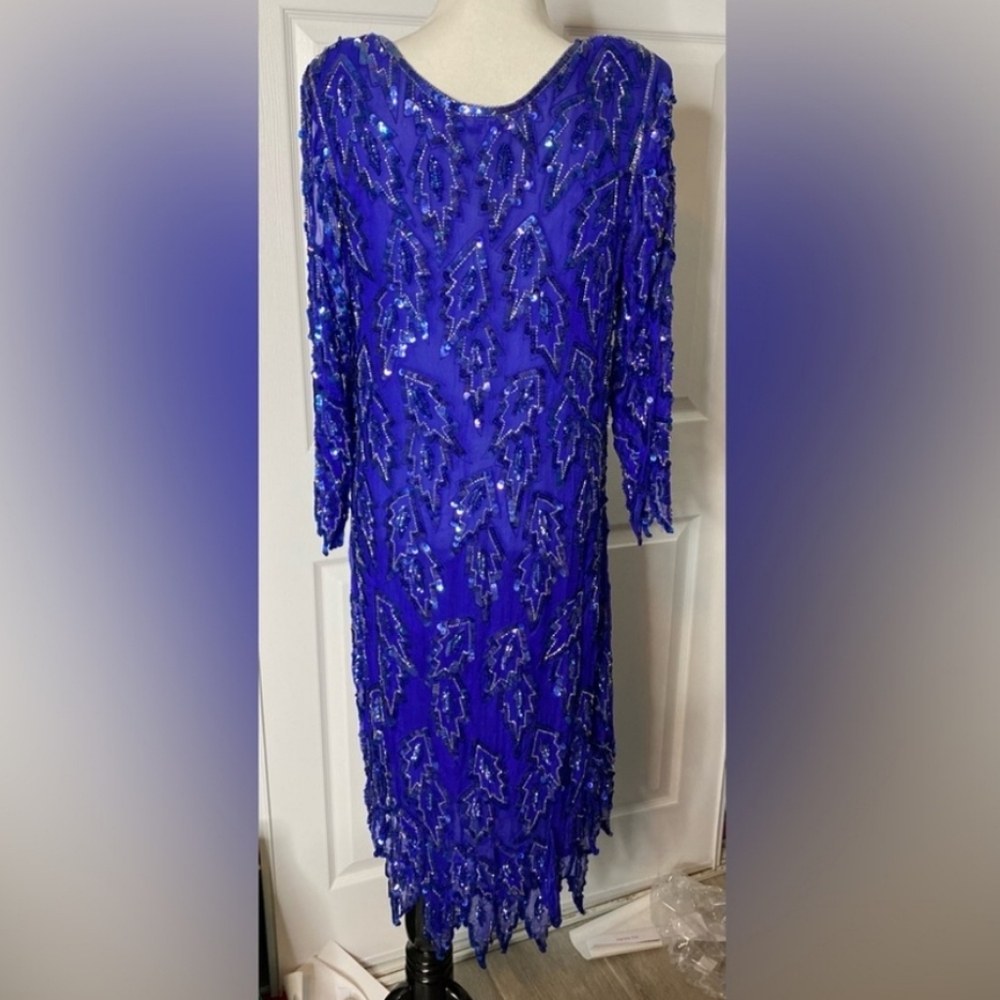 Vintage Blue Icicle Sequin 100% Silk Midi Dress with Fringe Hem -
